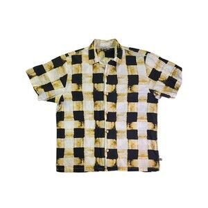 Stacy Adams Shirt Mens XXL 2XL Short Sleeve Button Up Linen Cotton Black Yellow